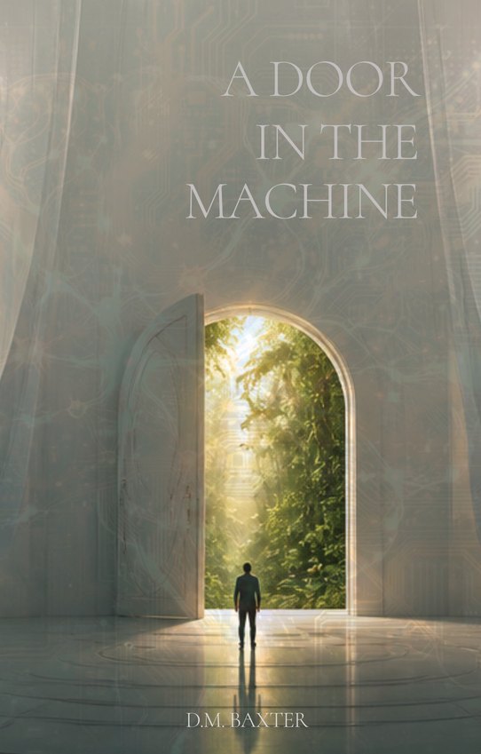 Cover of A Door in the Machine: a figure standing at a luminous archway opening onto a forest